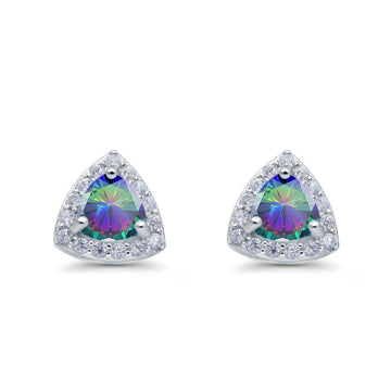 Halo Stud Earrings Simulated Rainbow CZ Round 925 Sterling Silver(8mm)